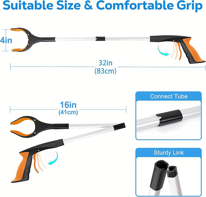 Grabber Reacher Tool - 32” Extra Long Foldable Gripper and Reaching Tool - Heavy Duty Pick Up Stick Grabbers for Seniors, Trash, Surgery Recovery Must Haves Gifts (Orange)