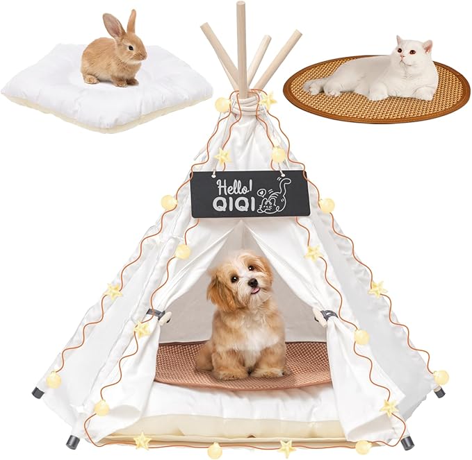 20" Dog& Cat Teepee Tent +24" Pet Cooling Mat +10ft Star String Light [2-Modes],Cotton Thicked Soft Comfort Anti-Slip Cushion (Used/Wash Separately),Medium Pets Tents House Indoor or Outdoor