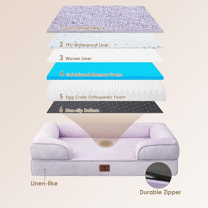 EHEYCIGA Orthopedic XL Dog Beds, Waterproof Memory Foam Dog Bed for Extra Large Dogs, Non-Slip Bottom and Egg-Crate Foam Big Pet Couch Bed with Washable Removable Cover,Lilac