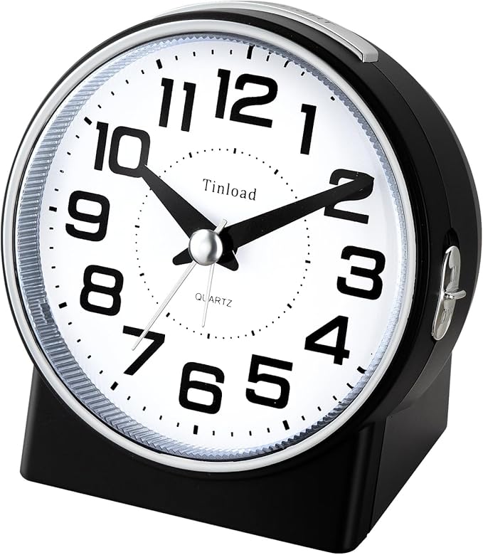 4.3" No Ticking Analog Alarm Clock,Silent Readable for Seniors,Easy to Set,Gradual Rise Alarm,Big Numbers,On/Off Switch on Side,Gentle Wake,Snooze,Lighted on Demand,Battery Operated,Black