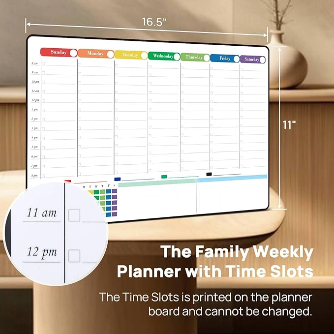 POPRUN Dry Erase Board Magnetic Weekly Calendar Whiteboard for Fridge, 16.5"x11"Schedule Board for Kids, Weekly Planner Whiteboard with Hourly Time Slots Perfect as Planner Board for School and Family