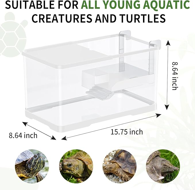 (Tank + Light + Filter + Filter Balls) Turtle Tank Kit, Turtle Tank Starter Kit,Bottom Drainage, Multi-Function Areas for Turtles, Crabs,Fishes, Amphibians,Reptiles. (15.75 x 8.64 x 8.64 Inch)