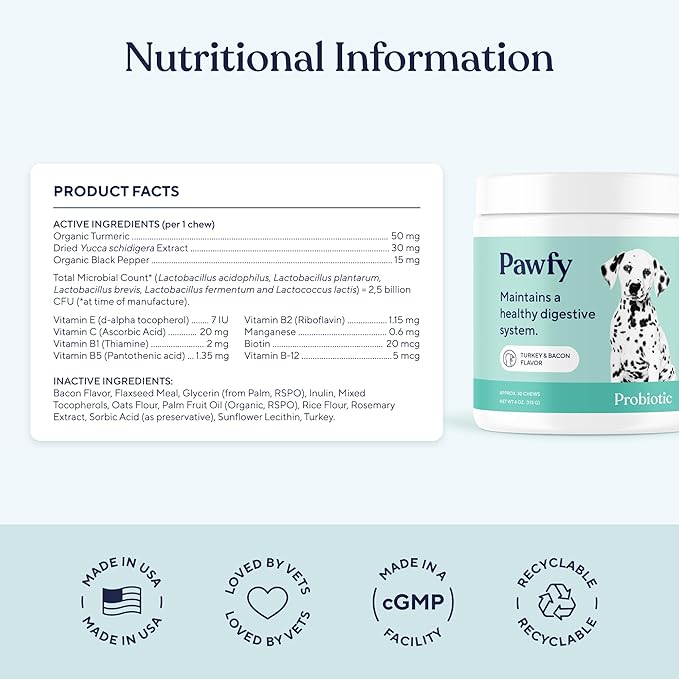 Pawfy Probiotics for Dogs | Supports Digestive Health, Diarrhea for Small and Large Dogs | Improves Gut Health | Anti Yeast Supplements | Promotes Skin Health and Seasonal Allergies Support - 30 Chews