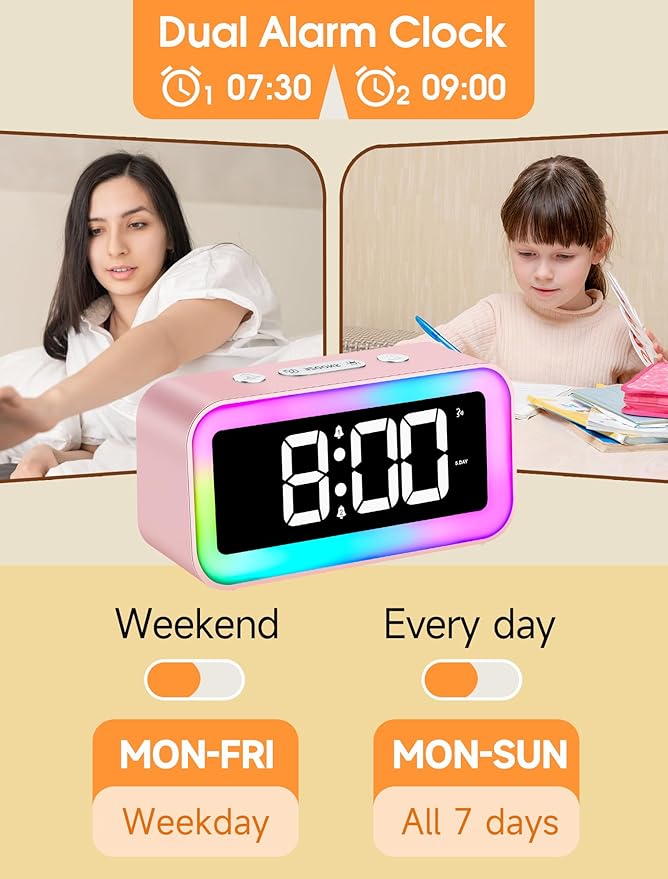 Cadmos Cute Pink Loud Alarm Clock with RGB Night Light - Perfect for Girls Room Decor and Kawaii Gifts, Small Size for Bedside or Desk Lamp in Bedrooms, Ideal for Kids, Teens (Light Pink)