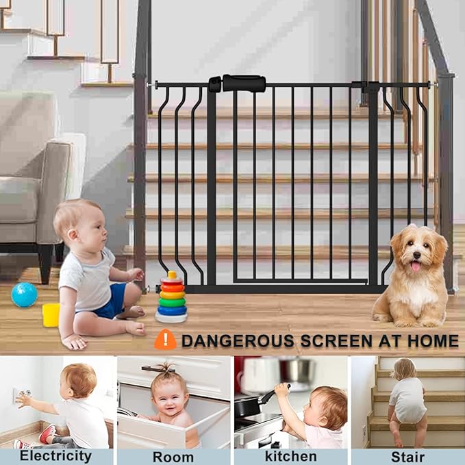 Extra Wide Baby Gate 71.6-76.37 Inch Black, Walk Through Pressure Mounted No Drill Long Large Tension Metal Gate for Dog and Toddler