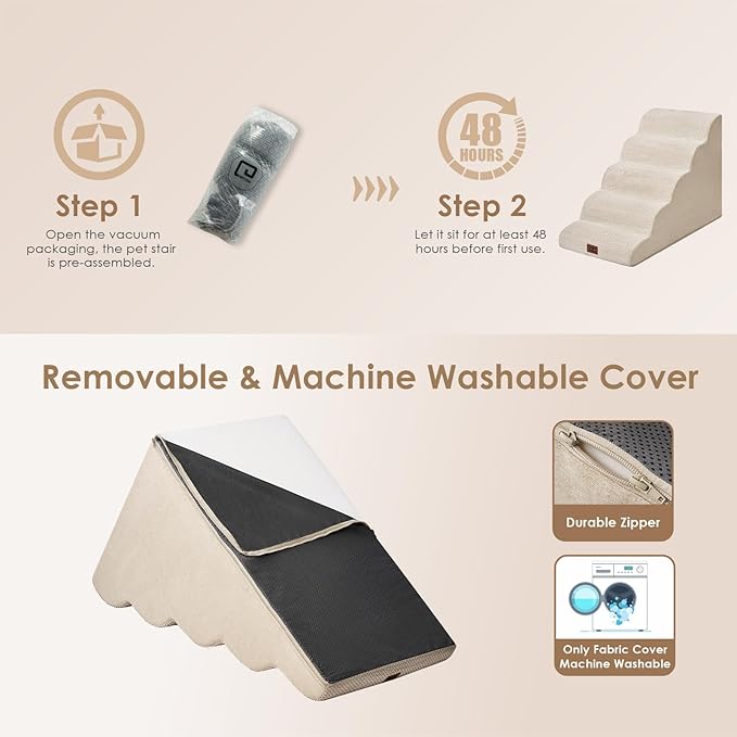 EHEYCIGA Curved Dog Stairs Ramp for High Beds, 5-Step Extra Wide Dog Steps for Small Dogs and Cats, Pet Stairs for High Bed Climbing, Non-Slip Balanced Pet Step Indoor, Beige