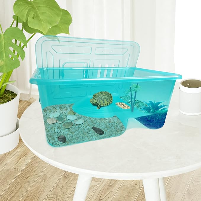 Fhiny Turtle Tank with Lid, Plastic Reptile Terrarium Turtle Breeding Box with Basking Platform Tortoise Aquarium for Crayfish Hermit Crabs Geckos Lizards Habitat Prevent Escaping (Medium)