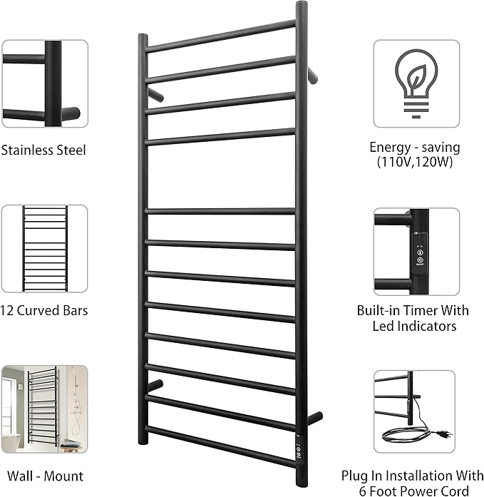 KEG Towel Warmer Wall Mounted with Built-in Timer 12 Bars Electric Stainless Steel Heated Towel Racks for Bathroom, Hot Plug-in Bath Towel Heater Matte Black