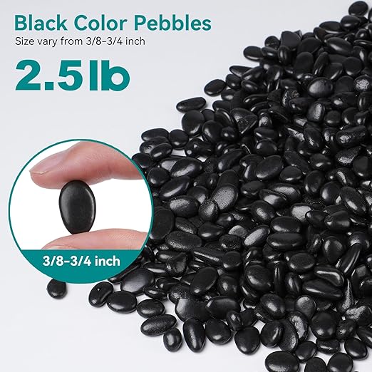 2.5 lbs Black Pebbles for Indoor Plants, 3/8" Small Rocks for Plants Indoor, Succulent, Bamboo, Vase, Decorative Black River Rocks Pea Gravel, Highly Polished