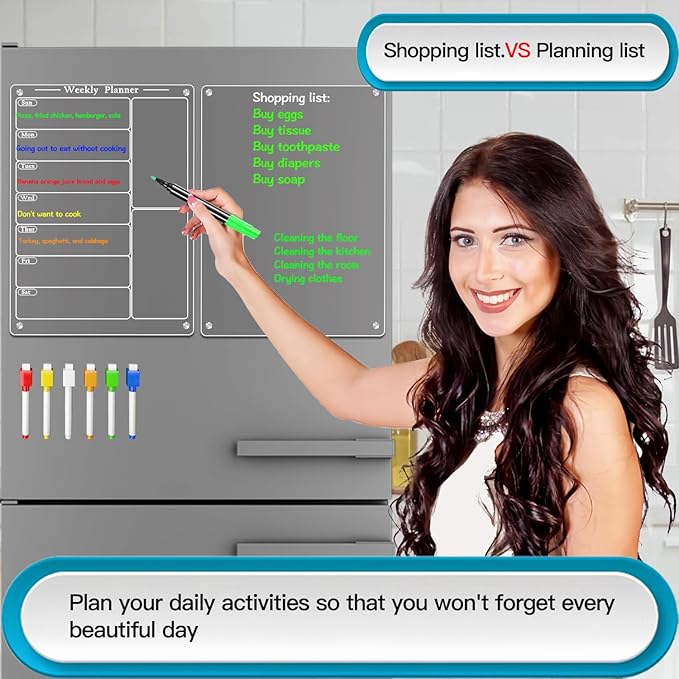 2PCS 9"X13" Acrylic Weekly Planner for Fridge,Acrylic Magnetic Menu Board for Kitchen,Magnet Weekly Calendar for Fridge,Clear Meal Planner for Refrigerator with 6 Markers