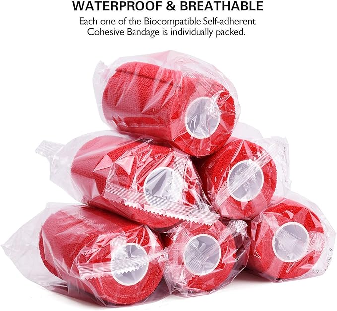 TOBWOLF 12PCS Self Adhesive Bandage, 4" x5yd / 10cmx4.5m Elastic Cohesive Bandage Wrap, Breathable Sports Tape, Medical Sport Wrap for Wrist, Ankle, Knee, Leg, Sprains & Swelling - Red