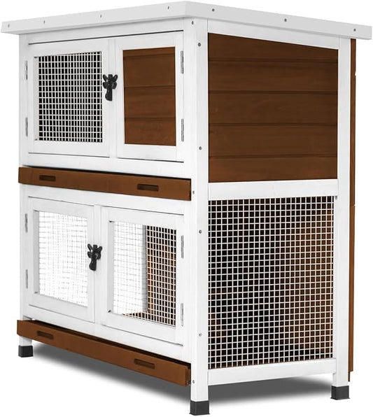 2 Story Rabbit Hutch, Indoor Outdoor Bunny Hutch Solid Wood Rabbit Cage with Removable Trays, Waterproof Asphalt Roofs and Ventilation Door, Small Animal House for Rabbit Guinea Pig Ferret, Walnut