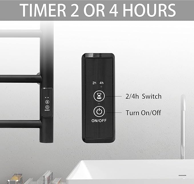 KEG Towel Warmer Wall Mounted with Built-in Timer 4 Bars Electric Stainless Steel Heated Towel Racks for Bathroom, Hot Plug-in Bath Towel Heater Matte Black