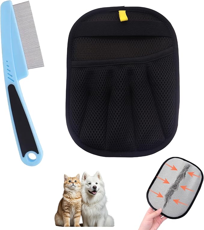 Electrostatic Pet Hair Remover Glove, Reusable Pet Hair Removal Glove for Dog & Cat Grooming, Double Sided Static Pet Hair Fur Remover Gloves for Clothing, Couch, Car Seat (2 gloves+1 flea comb)