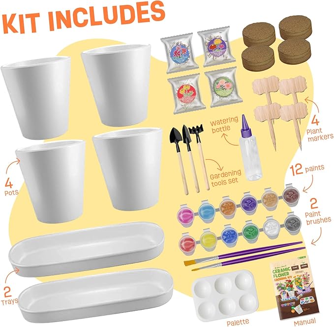 4 Set Paint & Plant Flower Gardening Kit - Gifts for Girls Ages 8-12, Arts and Crafts for Kids Ages 8-12, Kids Gardening Set, Birthday Toys Gifts for Girls Boys Ages 6 7 8 9 10 11 12