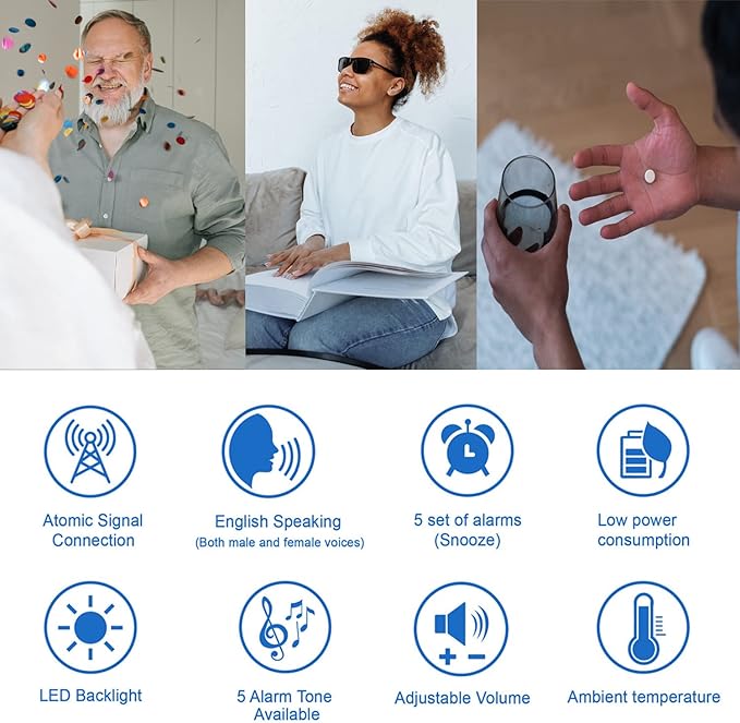 Atomic Talking Clock Clear Voice Time and Date with Snooze and Light, Clocks for Seniors 5 Sets of Separate Alarms Non Ticking Volume Control(All Black)