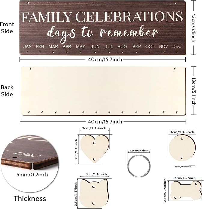 Family Birthday Calendar Board Wall Hanging with Tags, Family Birthday Plaque with Tag Wooden Memory Days Reminder Wall Hanging Home Décor Wood Anniversary Tracker with 104 Tags, Valentines Day Christmas Gifts for Lovers Friends (FAMILY CELEBRATIONS)