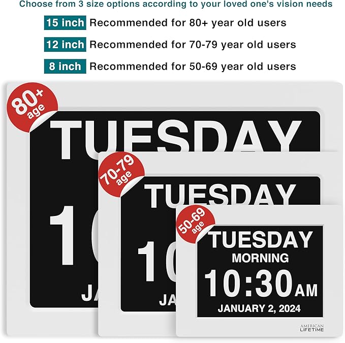 American Lifetime Dementia Clock - Large Digital Clock for Seniors, Custom Alarms, Day & Date Display, White, 15 Inches