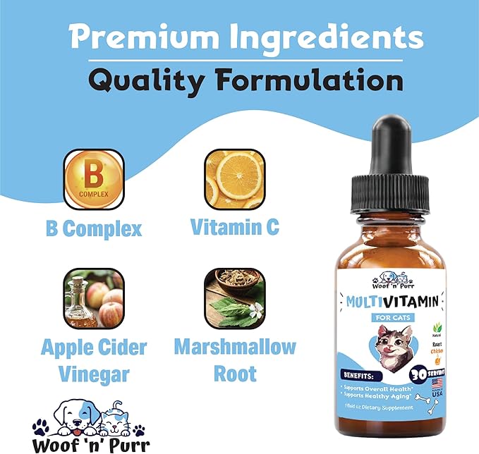 Cat Multivitamin - Promotes Healthy Skin & Coat, Joint Support, Longevity & More - Cat Vitamins - Cat Supplements & Vitamins - Cat Vitamins for Indoor Cats - Kitten Vitamins - Cat Immune Support - 1oz