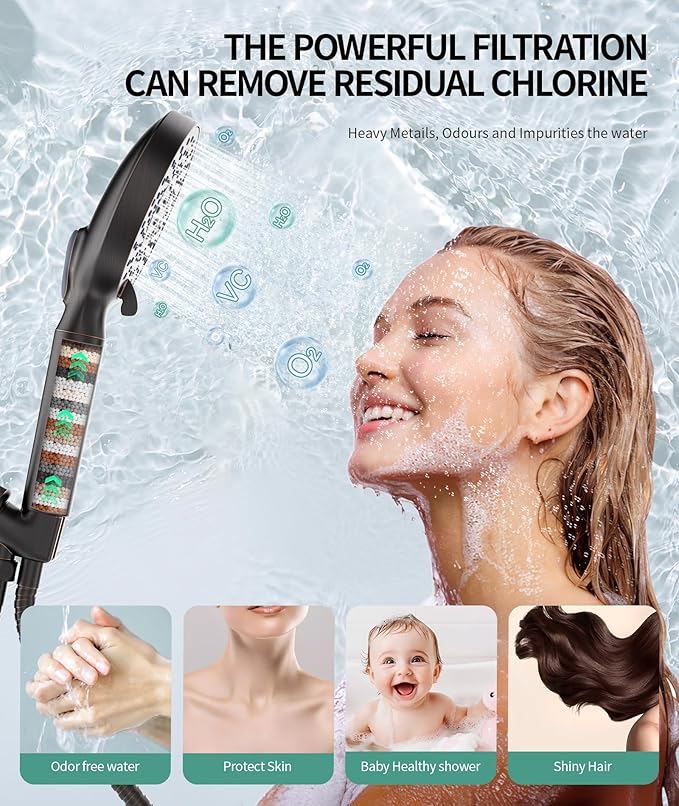 Filtered Shower Head with Handheld, High Pressure 9 Spray Mode Matte Black Showerhead with 4 Filters, Detachable Shower Head, Water Softener Filters Beads for Hard Water - Remove Chlorine