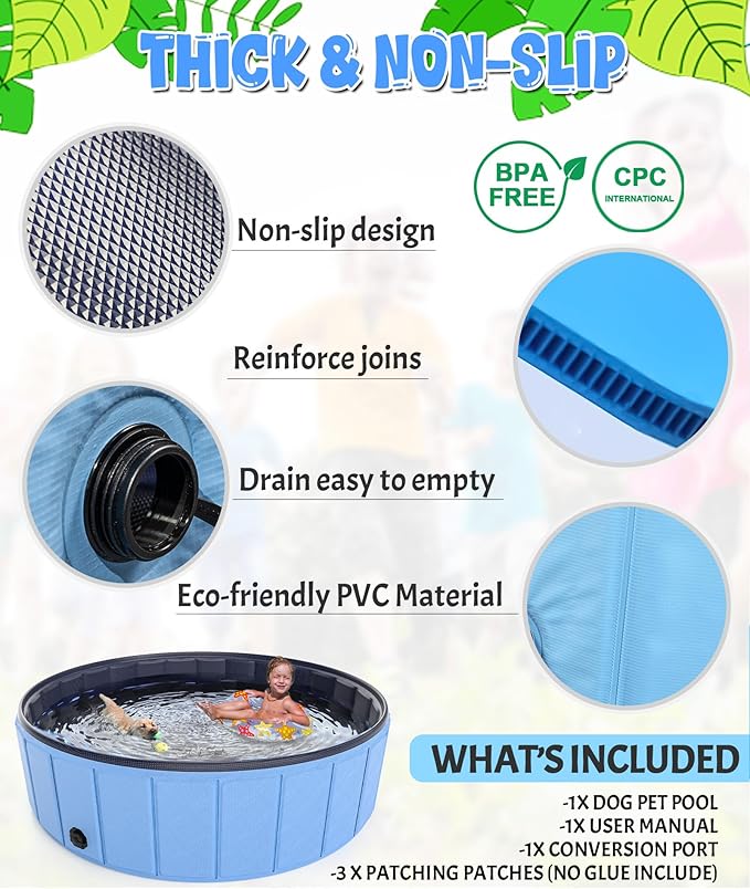 Large Foldable Dog Pool 87"x16", Hyperzoo Oversize Foldable Dog Swimming Pool, Hard Plastic PVC Leakproof Doggie Wading Collapsible Pet Bathing Tub for Puppy Small Medium Large Dogs and Kids, Blue