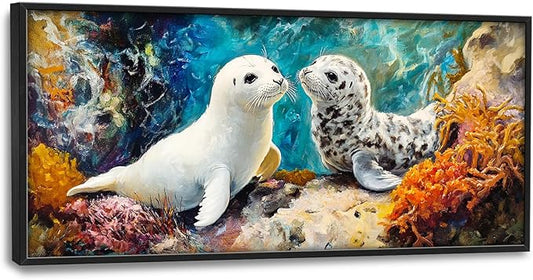 Extra Large Seal Framed Wall Art for Living Room,Oversized Underwater Animal Pictures Wall Decor,Ocean Coral Reef Canvas Print Painting Modern Artwork Bedroom Office Bathroom 60L" x 30W"