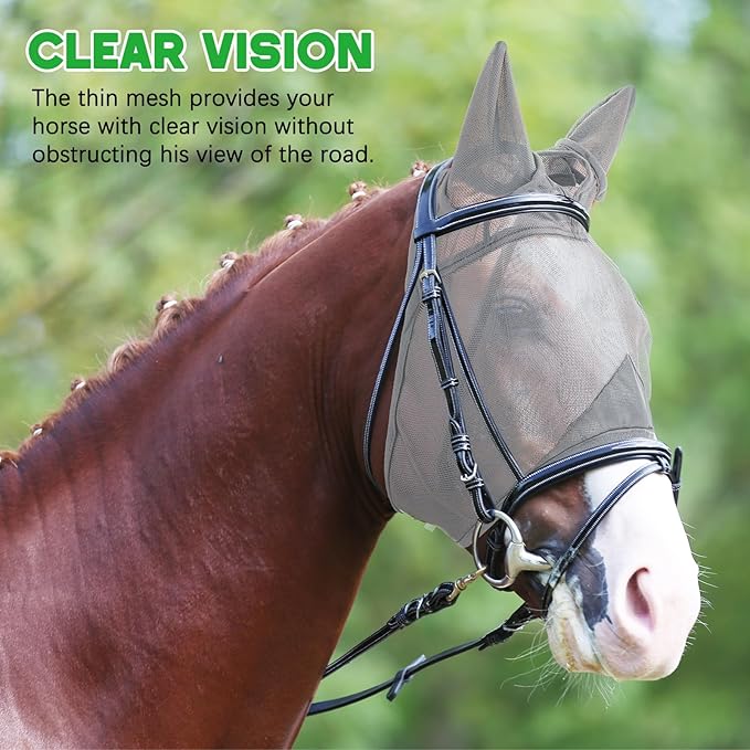 2 Pcs Horse Fly Mask with Ears Adjustable UV Protection Horse Fly Mask Accessories Large Eye Space with Ears for Horses Summer, Black and Gray, L