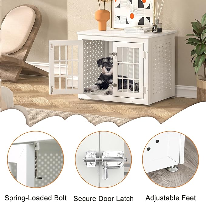 26" Heavy Duty Dog Crate Furniture for Small Dogs, Metal Kennel for High Anxiety Dogs, Chew Proof Pet Cage Indoor, Decorative Kennel End Table, White
