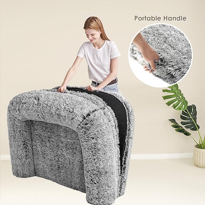 EHEYCIGA Foldable XXL Dog Bed, Faux Fur Fluffy Pet Couch Bed for Extra Large Dogs, Orthopedic Calming Memory Foam Pet Bed, Washable Soft Pet Sofa Bed with Non-Slip Bottom, Faded Black, 54"x38"x7.5"