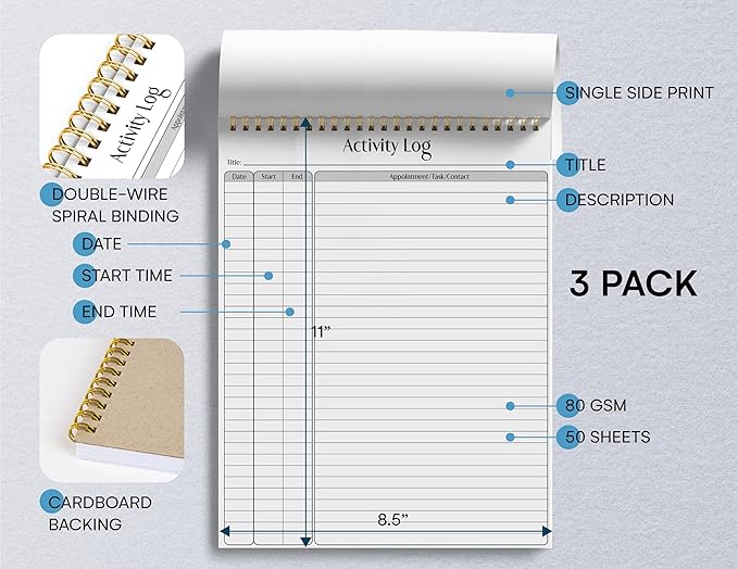 Better Office Products Activity Log Notepad, 8.5" x 11", Planning Note Pad, 50 Sheets, Double-Wire Spiral, Daily Time Tracking Productivity Checklist Organizer (3 Pack)