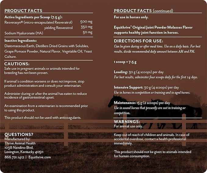 Equithrive Original Joint Supplement Powder with Resveratrol and Hyaluronic Acid for Horses, Equine Care, Molasses Flavor, 2 lbs