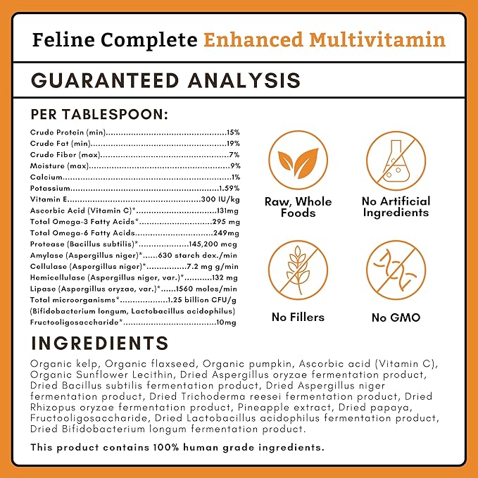 Wholistic Pet Organics Feline Complete Organic Pumpkin - 4 Oz - Multivitamin & Probiotic Powder for Cats - Natural Cat Food & Digestive Support