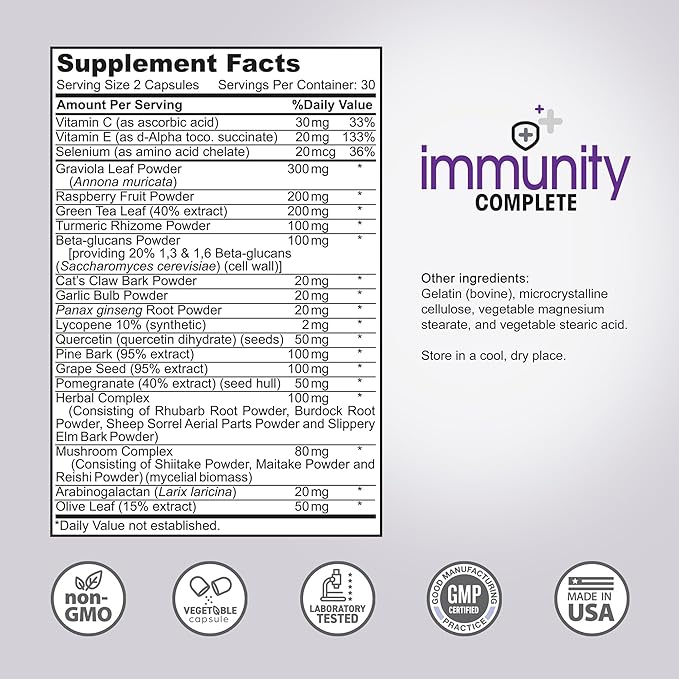 Immunity Complete - 20-in-1 Immune System Booster Formula with Cat's Claw, Quercetin, Vitamin C, and Olive Leaf Extract 60ct