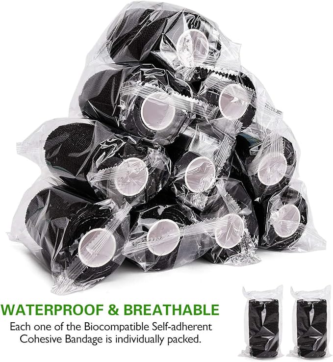 TOBWOLF 12PCS Self Adherent Bandage, 4" x5yd / 10cmx4.5m Cohesive Elastic Bandage Wrap, Breathable Sports Tape for Wrist Ankle Knee Leg Sprains Swelling - Black