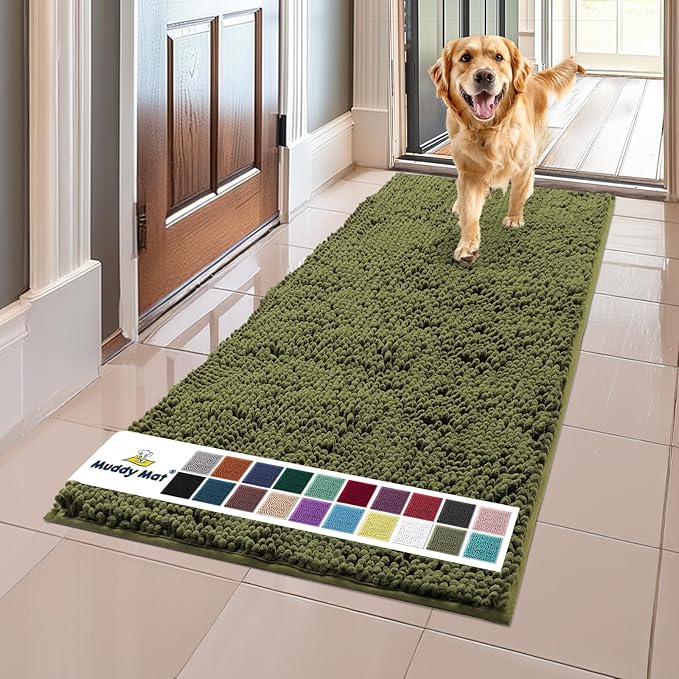 Muddy Mat® Original Dog Door Mat for Muddy Paws, Super Absorbent Microfiber, Non-Slip Washable Pet Rug, Quick Dry Chenille Entryway Carpet, Machine Washable Indoor Outdoor mat, Army Green 24"x60"