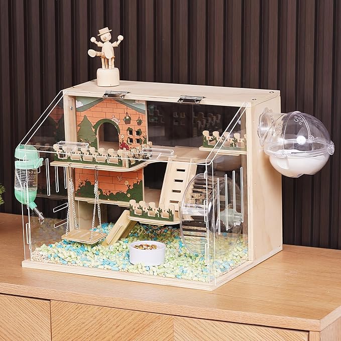 11 in 1 Wooden Hamster Cage with All Accessories, 15.8 Inch 3-Layer Dwarf Hamster Cage Acrylic,Small Animal Cages, Pastoral Style Mouse Cage for Pet Mice, Hedgehog, with Stairs, Fences and Swing