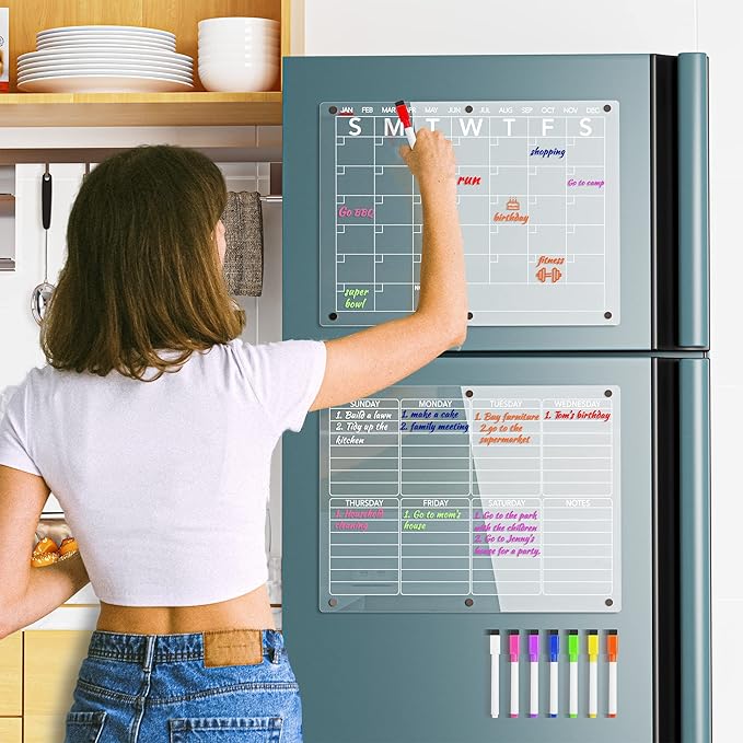 Acrylic Magnetic Dry Erase Board Calendar for Fridge, Clear Monthly and Weekly Planner Whiteboard for Refrigerator, w/ 8 Colors Markers, 15"x11"