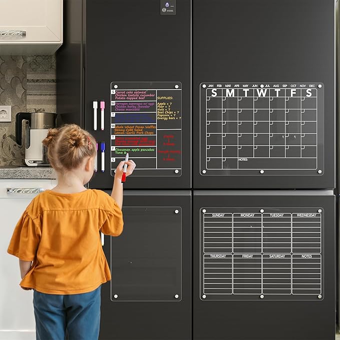 4Pcs Acrylic Magnetic Dry Erase Board Calendar for Fridge, Clear Monthly Weekly Daily Meal Menu Planner Whiteboard for Refrigerator, Notepad Memo White Board, w/ 8 Colors Markers, 15"x11"