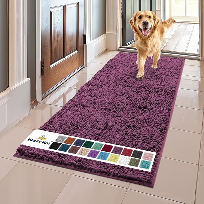 Muddy Mat® Original Dog Door Mat for Muddy Paws, Super Absorbent Microfiber, Non-Slip Washable Pet Rug, Quick Dry Chenille Entryway Carpet, Machine Washable Indoor Outdoor mat, Dark Purple 24"x60"