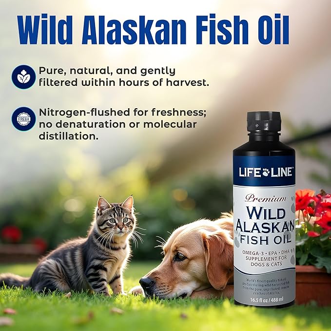 Life Line Pet Nutrition Wild Alaskan Fish Oil Omega-3 Supplement for Skin & Coat – Supports Brain, Eye & Heart Health in Dogs & Cats, 16.5oz