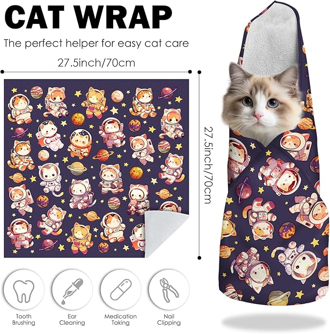 27.6" Cat Grooming Wrap, Self Adhesive Cat Wrap for Cutting Nails, Anti-Escape Calming Cat Swaddle Wrap for Medicine Ear Cleaning, Anti-Scratch Cats Burrito Restraint Blanket, Practical Pet Tool