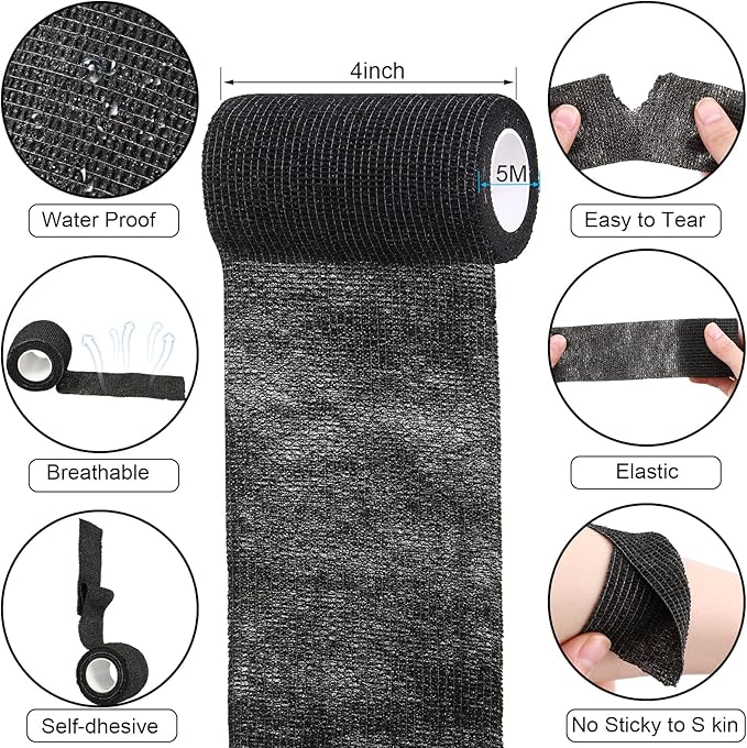Treela 36 Pcs Self Adherent Bandage 4" X 5 Yard Wrap Breathable Cohesive Bandage Elastic Adhesive Tape for Stretch Athletic Sports Wrist Ankle(Black)