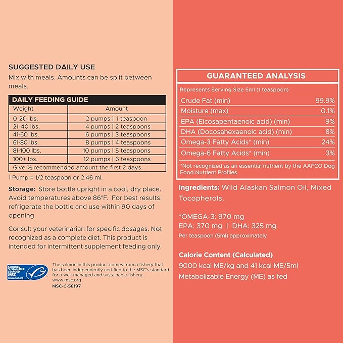 Pure Wild Alaskan Salmon Oil for Dogs - 16 oz. Pump Cap - Toxin Free Dog Fish Oil Rich in Omega-3 and 6, Vitamin D, EPA, and DHA for Healthy Skin and Coat - Pink, COHO, and Sockeye Salmon
