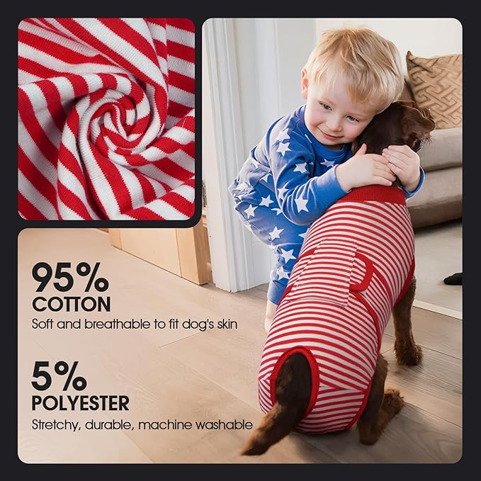 FUAMEY Dog Recovery Suit Male,Dogs Surgery Neuter Suits Puppy Spay Shirts for Female Protect Dog's Skin Anti Licking Abdominal Wounds Doggie Onesie Pet Bodysuit Alternative to Cone Red Stripes XXL