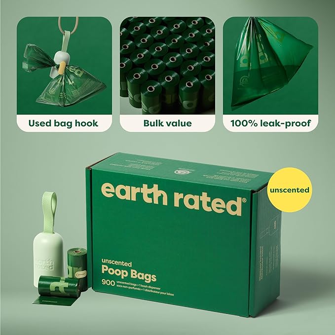 Earth Rated Dog Poop Bag Holder, Durable and Guaranteed Leakproof, Unscented, 1 Dispenser and 900 Bags