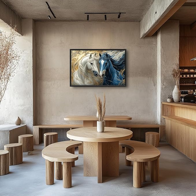 Framed Large Horse Wall Art for Living Room, Oversized Abstract Horses Wall Decor Blue and Golden Canvas Painting Animal Pictures Modern Artwork for Living Room Bedroom Office 36"x24"