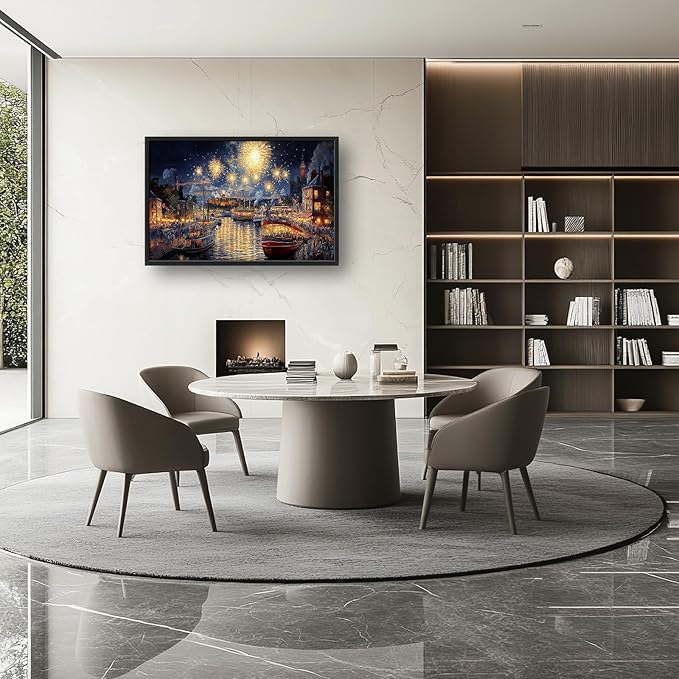 Framed Large Firework Night Sky Wall Art, Oversized European City Landscape Wall Decor for Living Room, River Boats Canvas Pictures Home Decoration for Living Room Bedroom Office 36"x24"