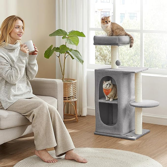 Feandrea Cat Tree Tower with 2 Caves for Multi-Cat Households, Kittens, Scratching Posts, Light Gray UPCT005G01