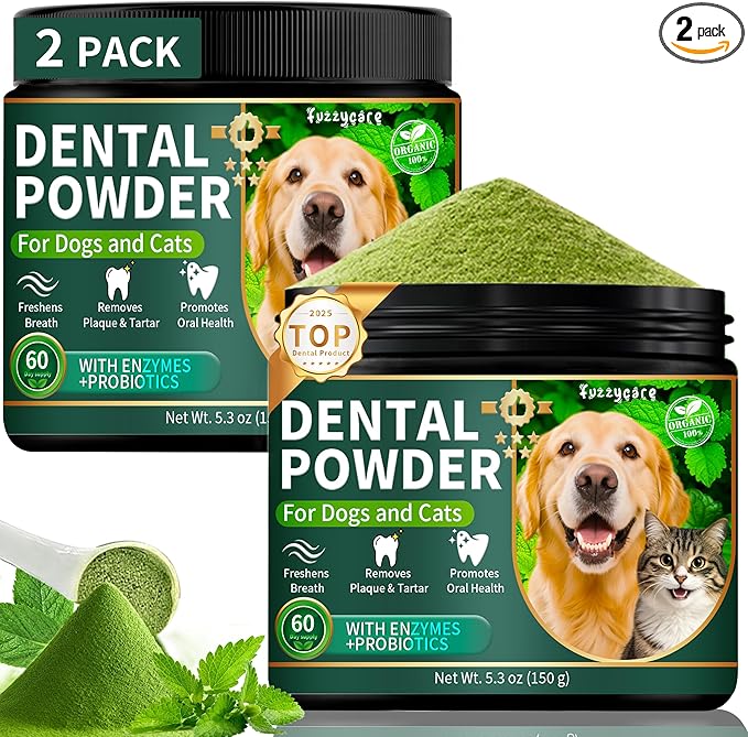 2 Pack Dog Dental Powder, Dog Teeth Cleaning Powder with Natural Herbal Blend & Postbiotics, Dental Powder for Dogs Teeth, Targets Tartar & Reduces Plaque & Bad Breath for Dogs & Cats, Mint -150Grams