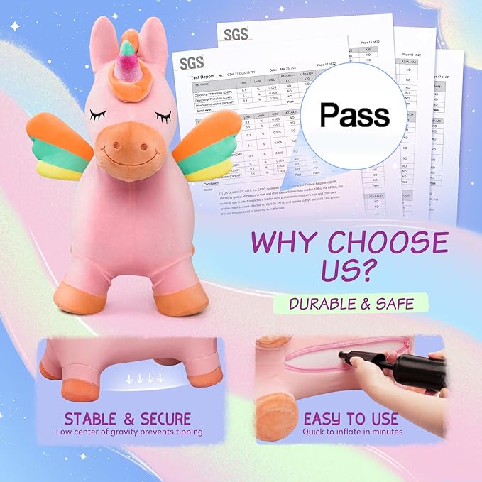 EVERICH TOY Bouncy Horse Unicorn Toys, Inflatable Bouncing Animal Hopping Toys, Outdoor Indoor Ride on Bouncer, Boys Girls Birthday Gift for 18 Month 2 3 4 5 6 Year Old Kid- Plush Unicorn Toy